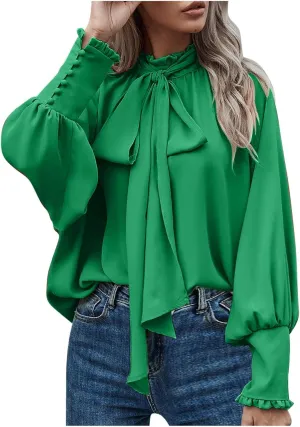 Womens Elegant Business Shirts Fashion Ruffle Button Long Sleeve Tops Bow Tie Mock Neck Tunic Work Office Blouse
