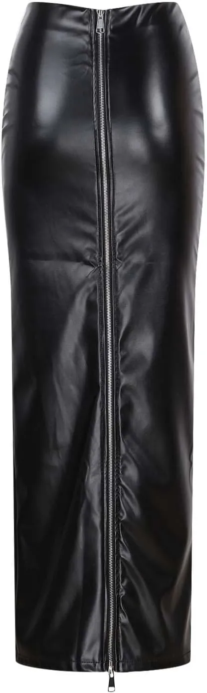 Women's Faux Leather Pencil Skirt Casual High Waist Ruched Midi Skirt Trendy Slim Bodycon Office Workwear Skirts