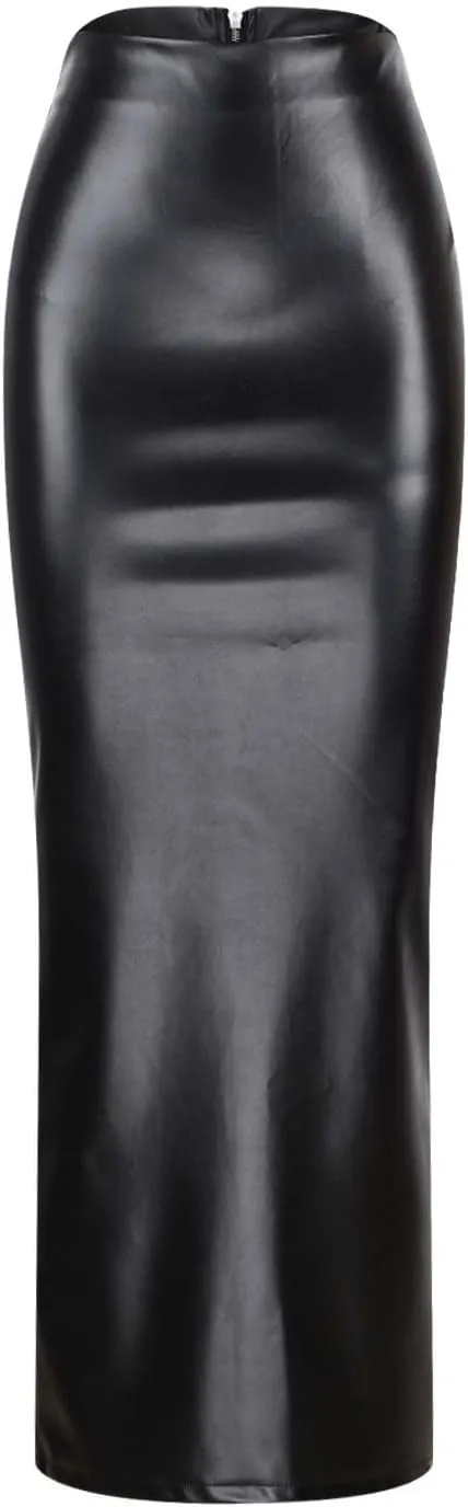 Women's Faux Leather Pencil Skirt Casual High Waist Ruched Midi Skirt Trendy Slim Bodycon Office Workwear Skirts