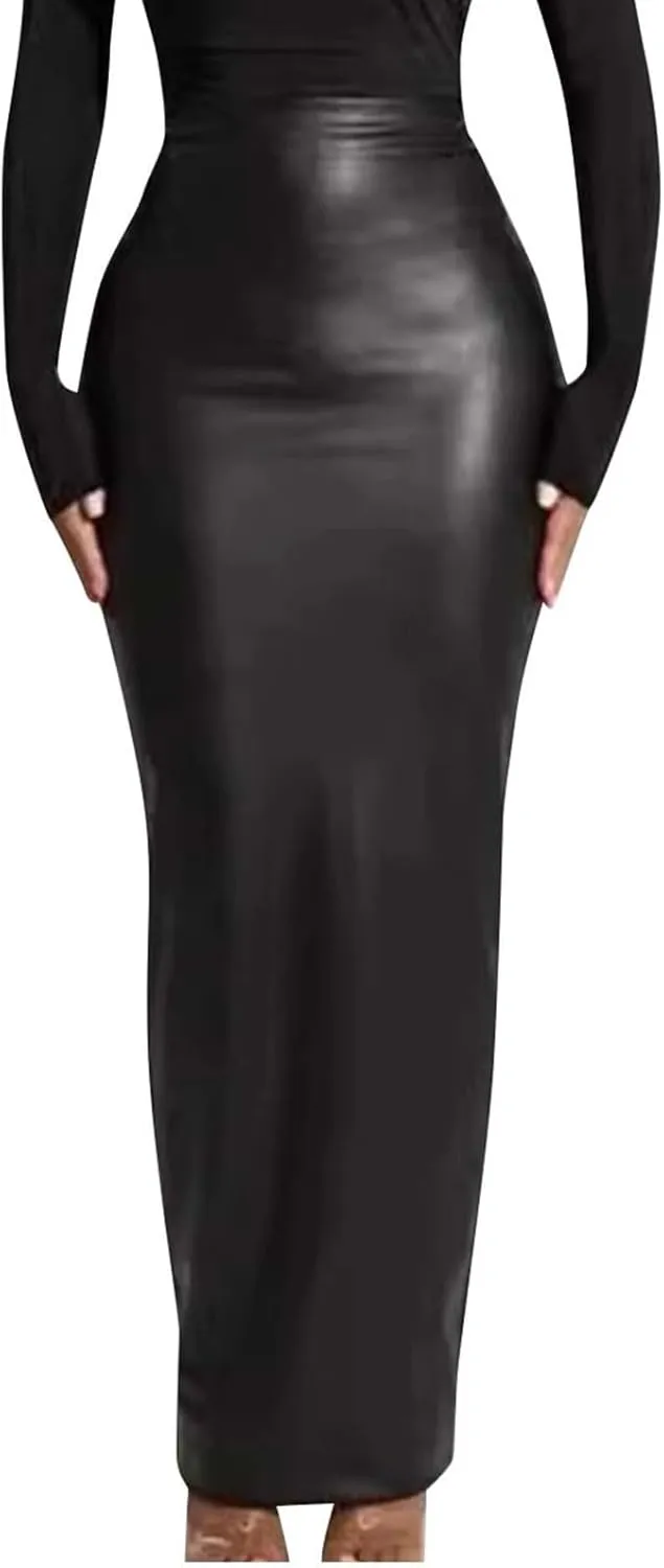 Women's Faux Leather Pencil Skirt Casual High Waist Ruched Midi Skirt Trendy Slim Bodycon Office Workwear Skirts