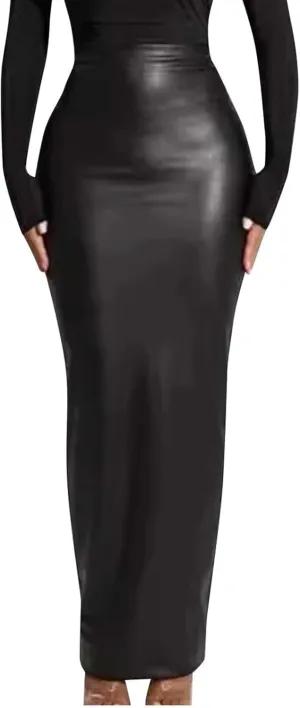 Women's Faux Leather Pencil Skirt Casual High Waist Ruched Midi Skirt Trendy Slim Bodycon Office Workwear Skirts