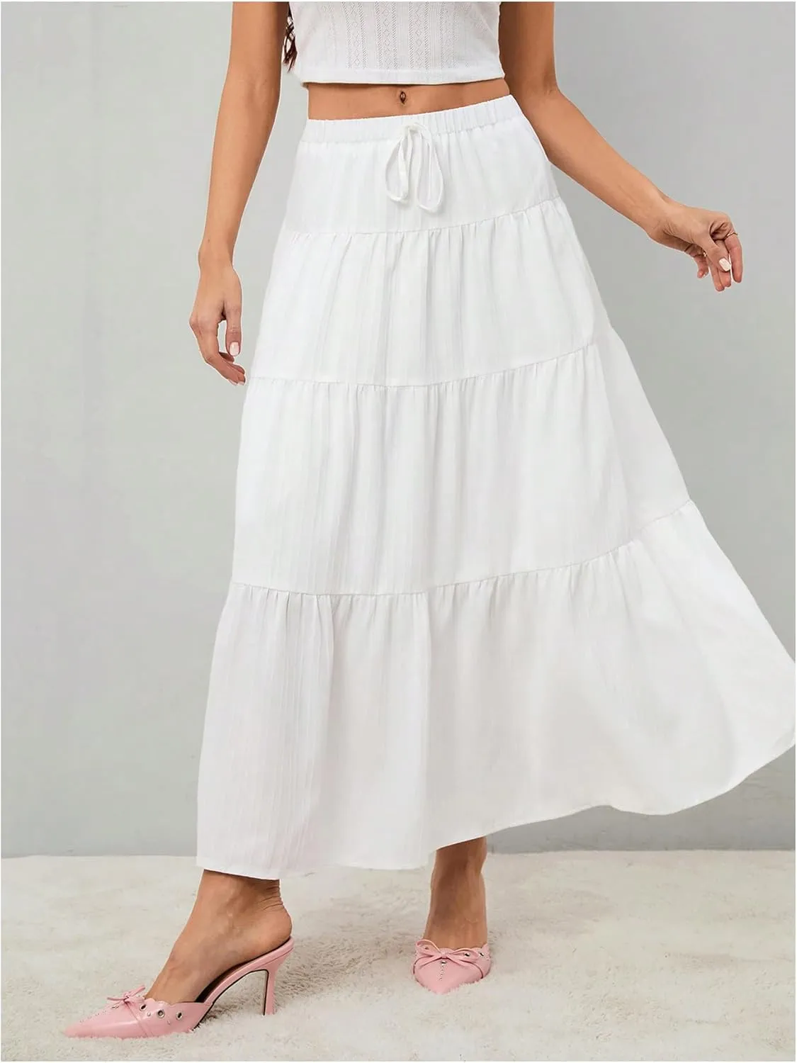 Women's Flowy Flared Ruffle Hem A Line Maxi Skirts Elastic Waist Elegant Tiered Layer Boho Long Skirts