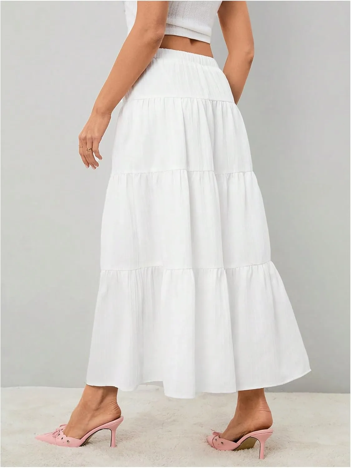 Women's Flowy Flared Ruffle Hem A Line Maxi Skirts Elastic Waist Elegant Tiered Layer Boho Long Skirts