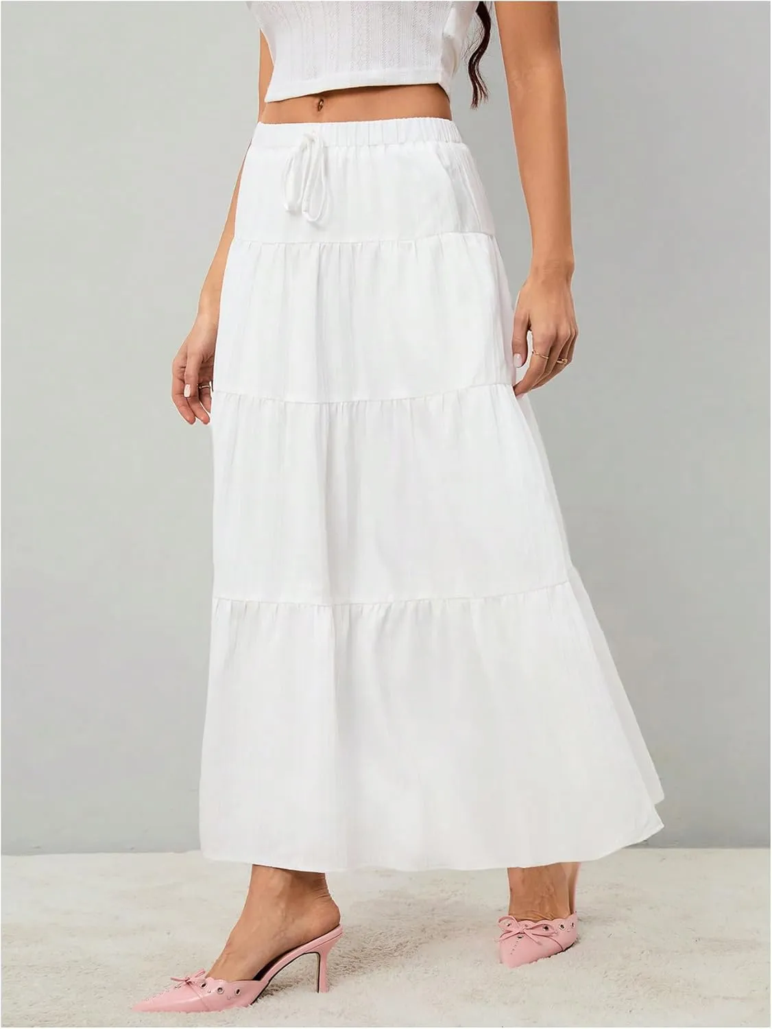 Women's Flowy Flared Ruffle Hem A Line Maxi Skirts Elastic Waist Elegant Tiered Layer Boho Long Skirts