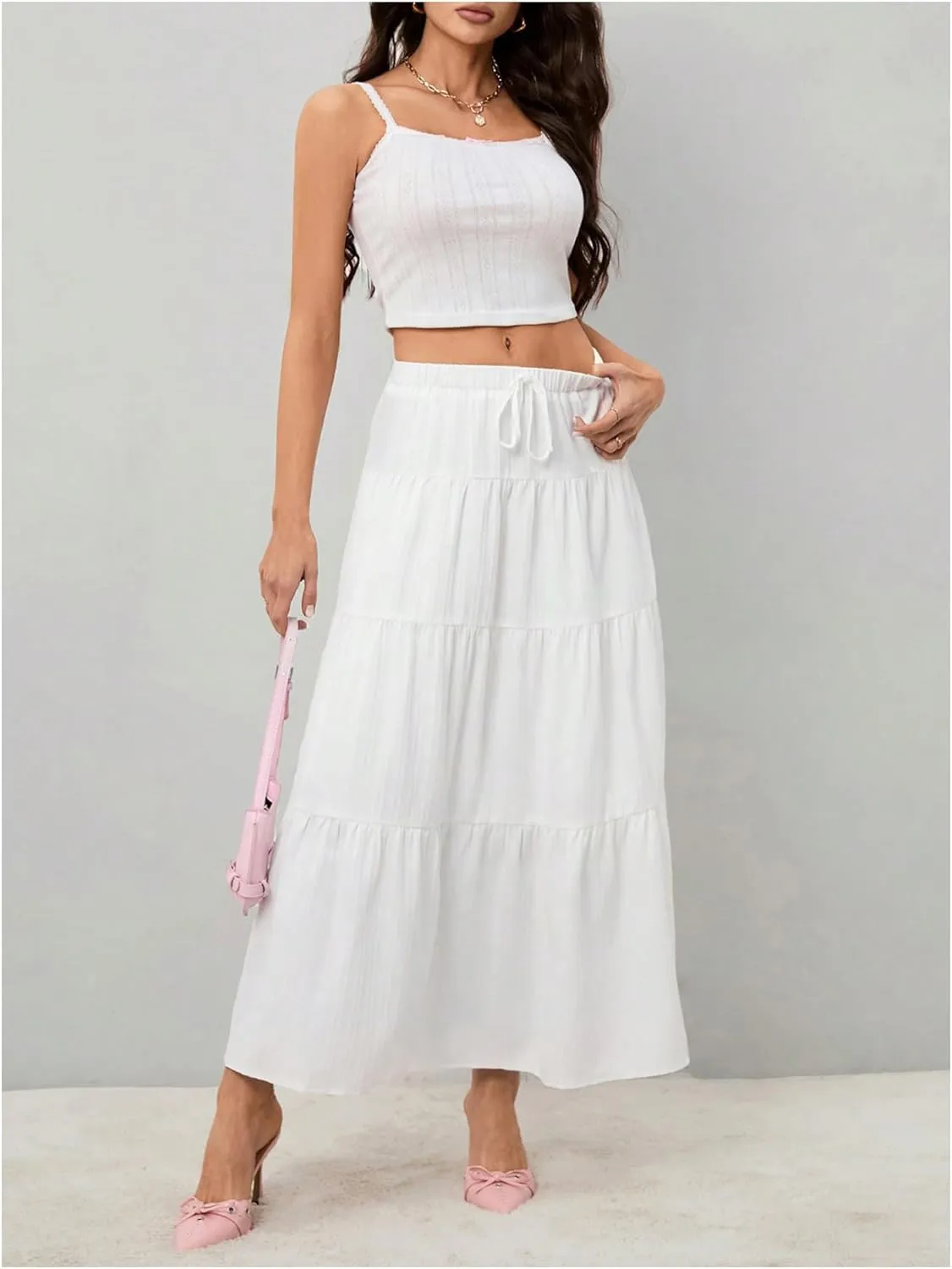 Women's Flowy Flared Ruffle Hem A Line Maxi Skirts Elastic Waist Elegant Tiered Layer Boho Long Skirts