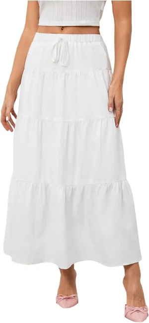 Women's Flowy Flared Ruffle Hem A Line Maxi Skirts Elastic Waist Elegant Tiered Layer Boho Long Skirts