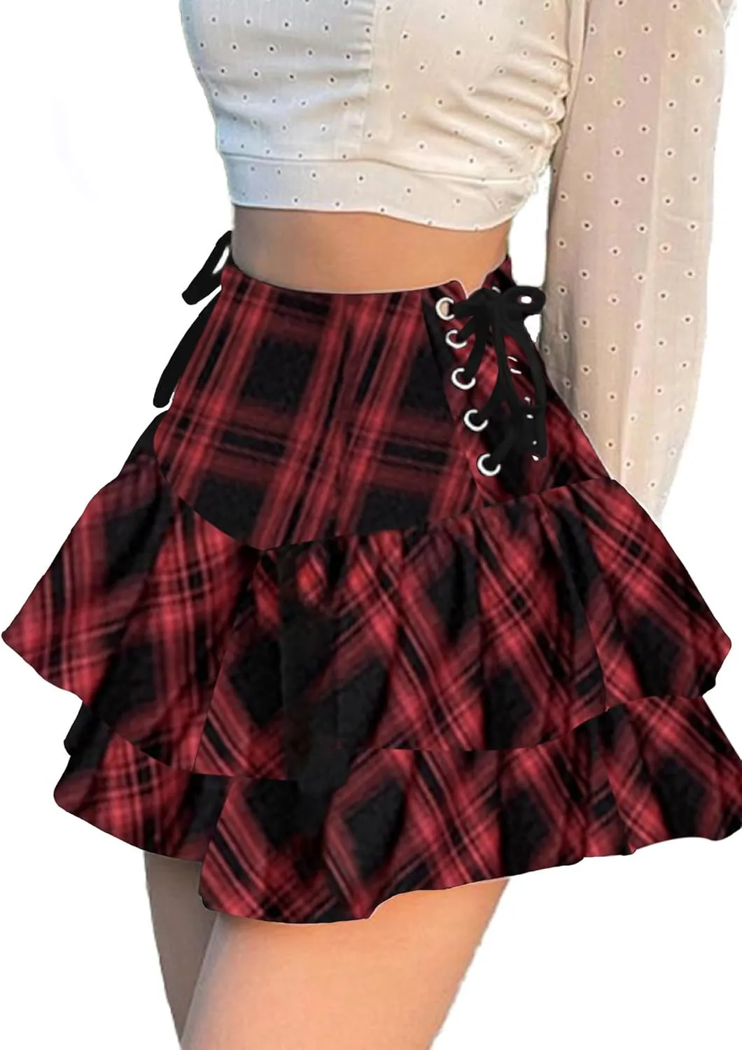 Womens Gothic Skirt Y2k 2000s Girl Mall Goth Punk Skirts High Waist Lace-Up Ruffle Fairy Grunge Mini Skirts