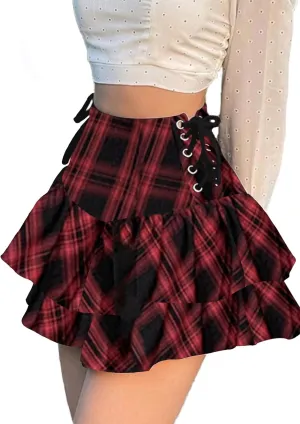 Womens Gothic Skirt Y2k 2000s Girl Mall Goth Punk Skirts High Waist Lace-Up Ruffle Fairy Grunge Mini Skirts