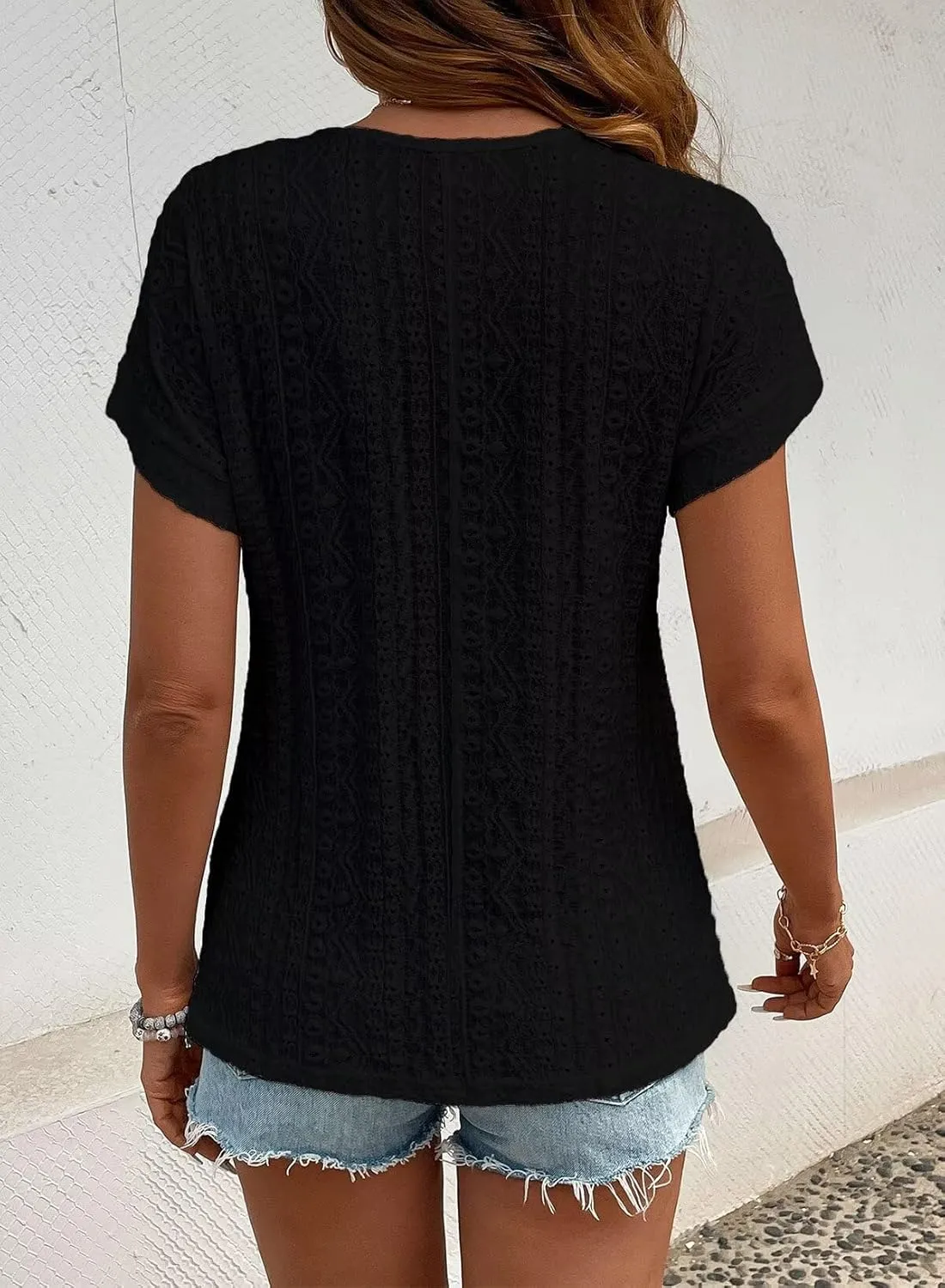 Womens Tops Casual Scoop Neck Short Sleeve Embroidered Lace Hollow Out Shirts Loose Tunic Knit Boho Blouses