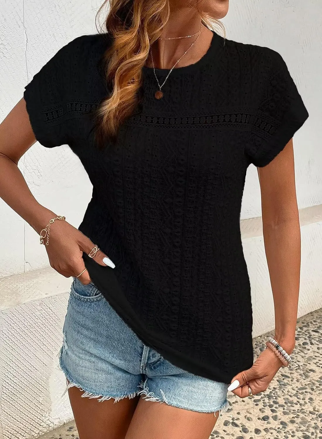 Womens Tops Casual Scoop Neck Short Sleeve Embroidered Lace Hollow Out Shirts Loose Tunic Knit Boho Blouses