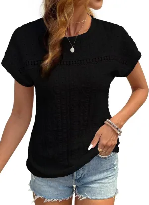 Womens Tops Casual Scoop Neck Short Sleeve Embroidered Lace Hollow Out Shirts Loose Tunic Knit Boho Blouses