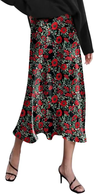 Zeagoo Skirts for Women Jacquard High Waist Skirt Black Elegant Midi Skirt Satin