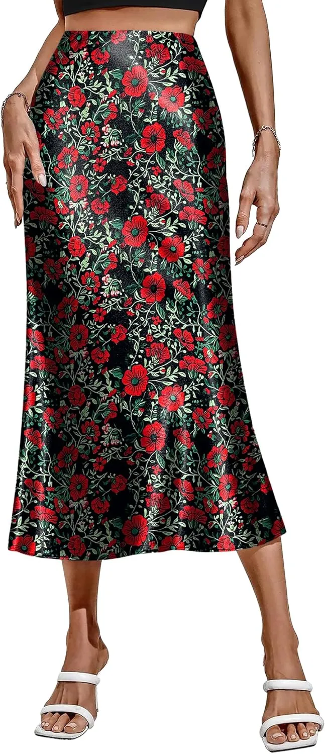 Zeagoo Skirts for Women Jacquard High Waist Skirt Black Elegant Midi Skirt Satin