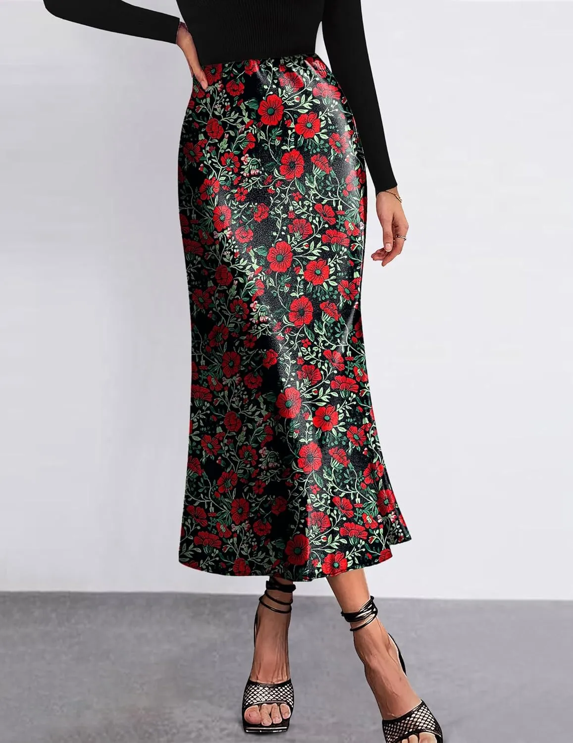 Zeagoo Skirts for Women Jacquard High Waist Skirt Black Elegant Midi Skirt Satin