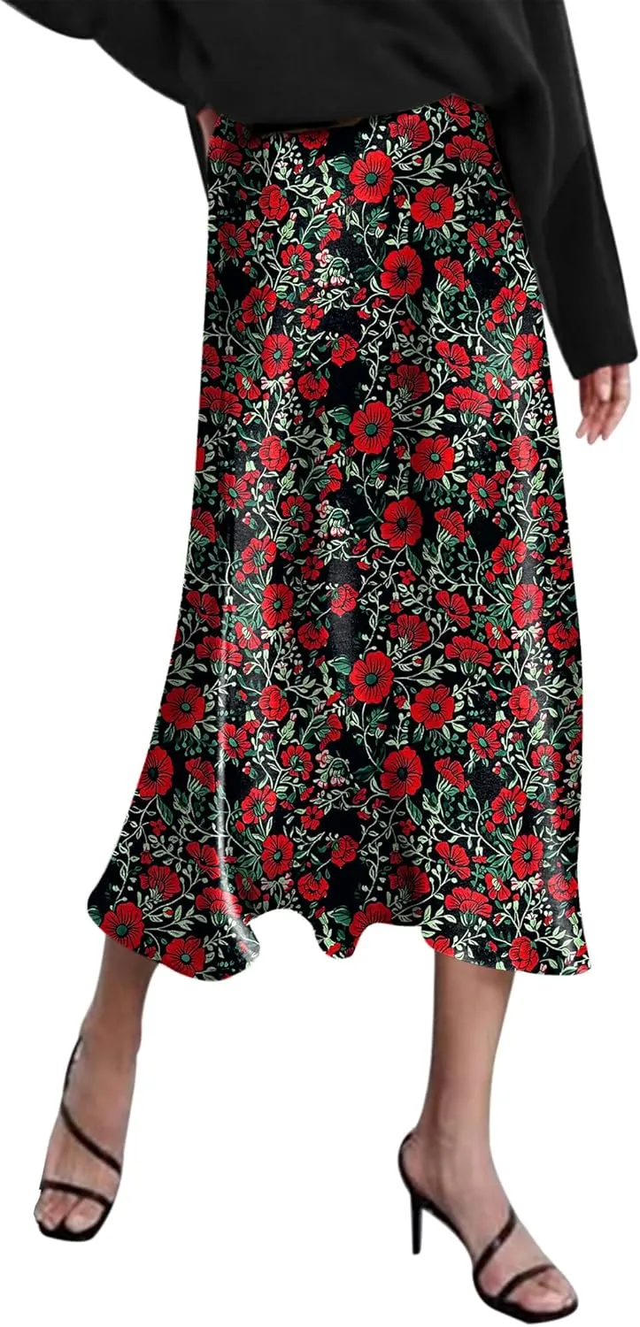 Zeagoo Skirts for Women Jacquard High Waist Skirt Black Elegant Midi Skirt Satin