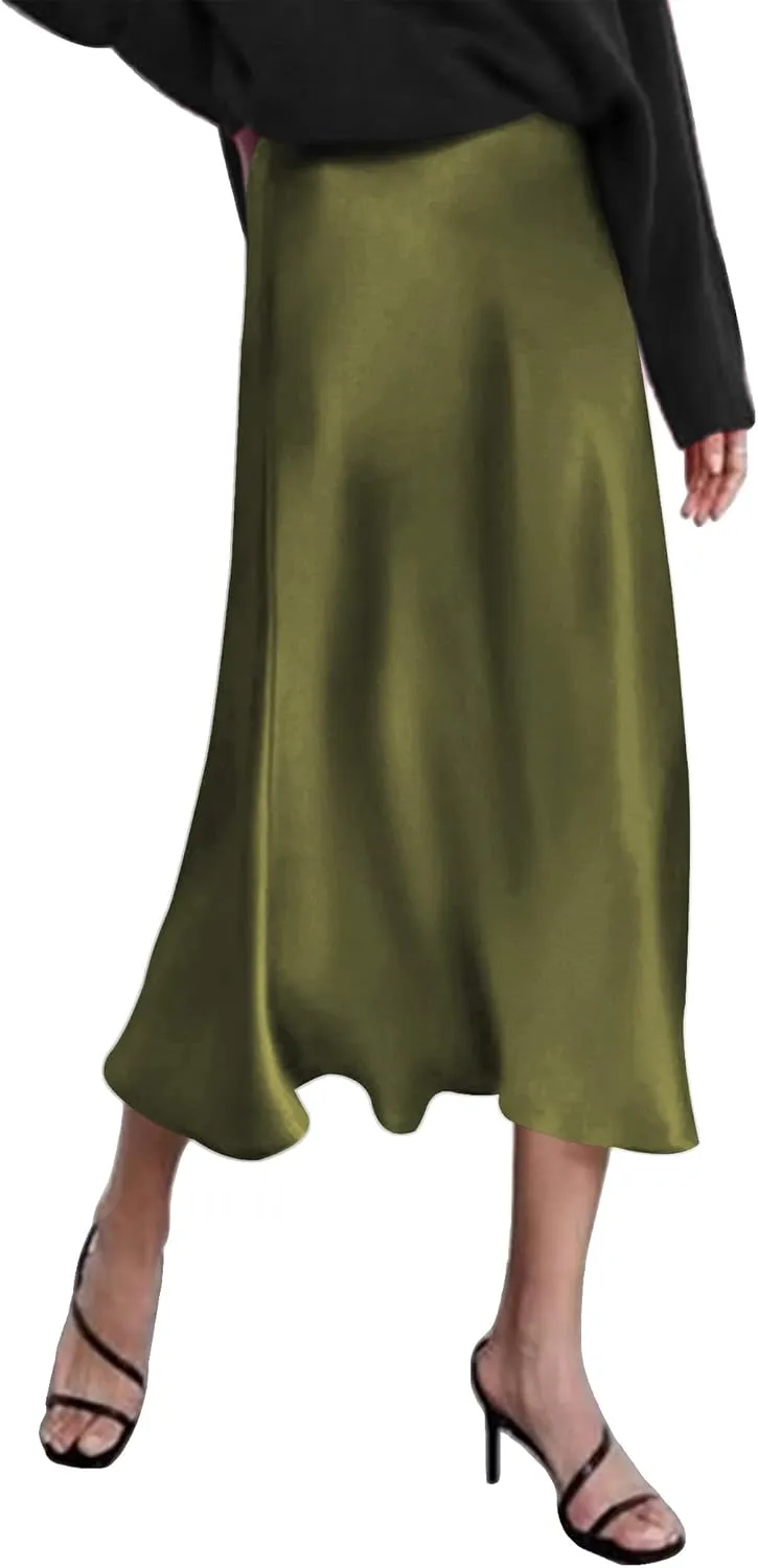 Zeagoo Skirts for Women Jacquard High Waist Skirt Black Elegant Midi Skirt Satin