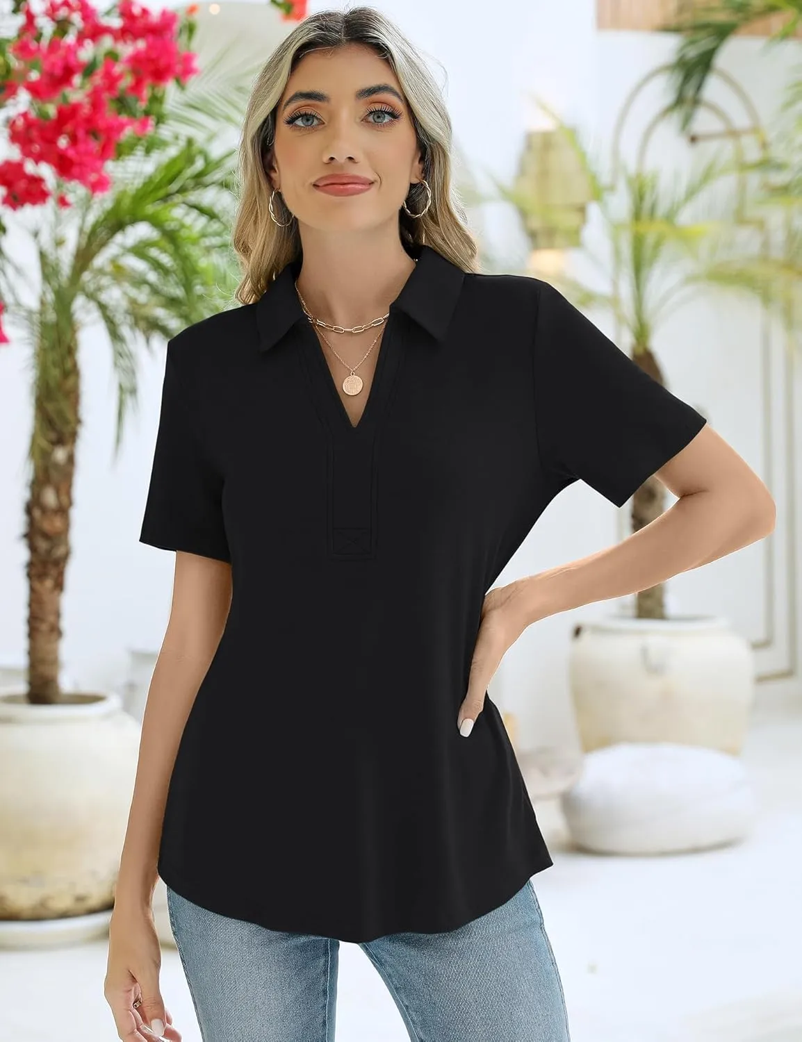 ZHENWEI Women's Short Sleeve V-Neck Polo Shirts Business Casual Work Collared Tops Dressy Johnny Collar Cute Blouses