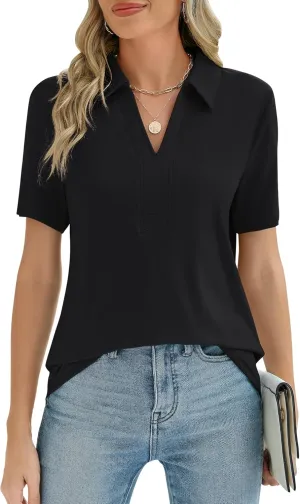 ZHENWEI Women's Short Sleeve V-Neck Polo Shirts Business Casual Work Collared Tops Dressy Johnny Collar Cute Blouses